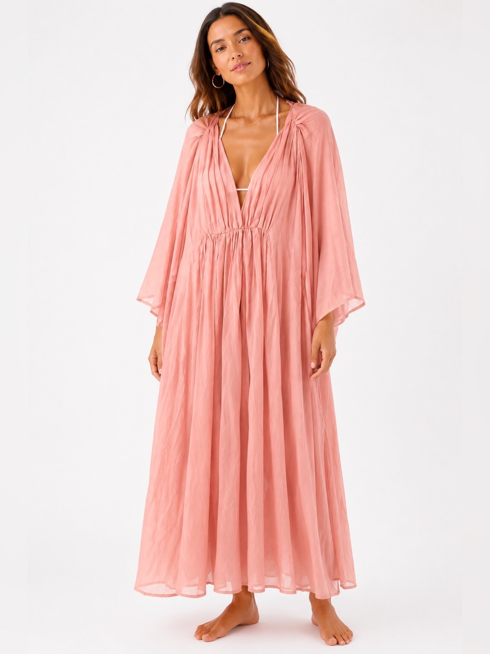 Anthropologie Women's Deep V Swim Cover-Up Caftan in Dusty rose One Size